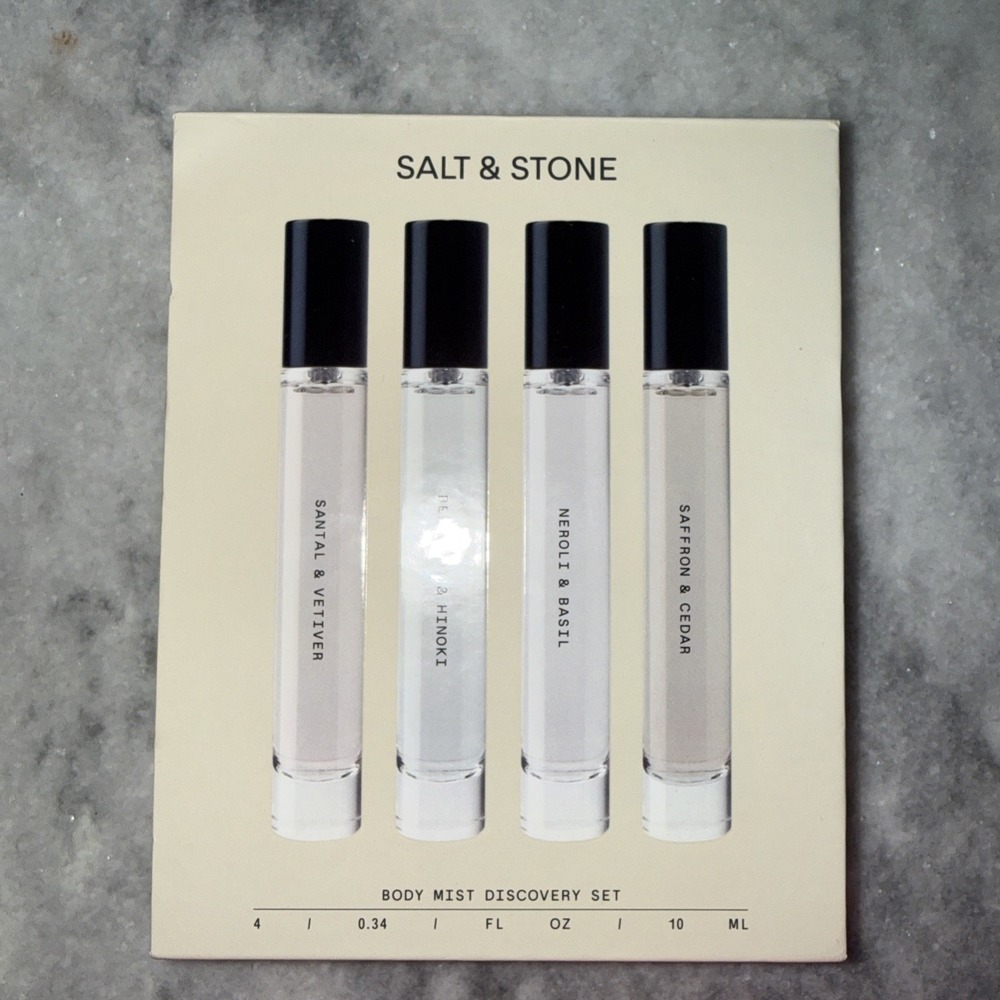 4 Salt & Stone Body Mist Discovery Set Travel Size Santal & Vetiver Neroli Basil